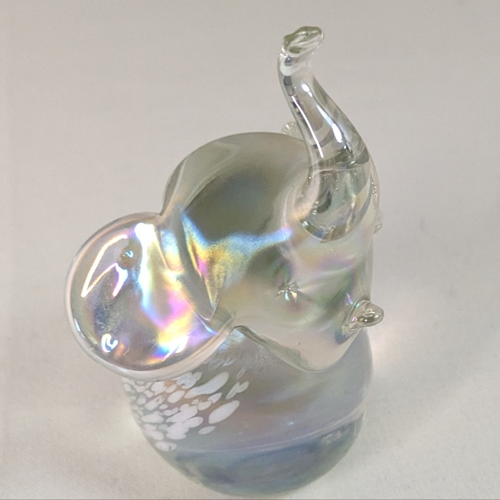 OCI Omnibus Glass Elephant Figurine Paperweight Clear Rainbow White Spots